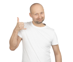 Man in a white t-shirt making a shaka hand gesture with a friendly smile