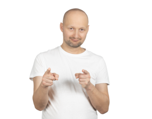 Man in a white t-shirt pointing at the camera with a confident smile