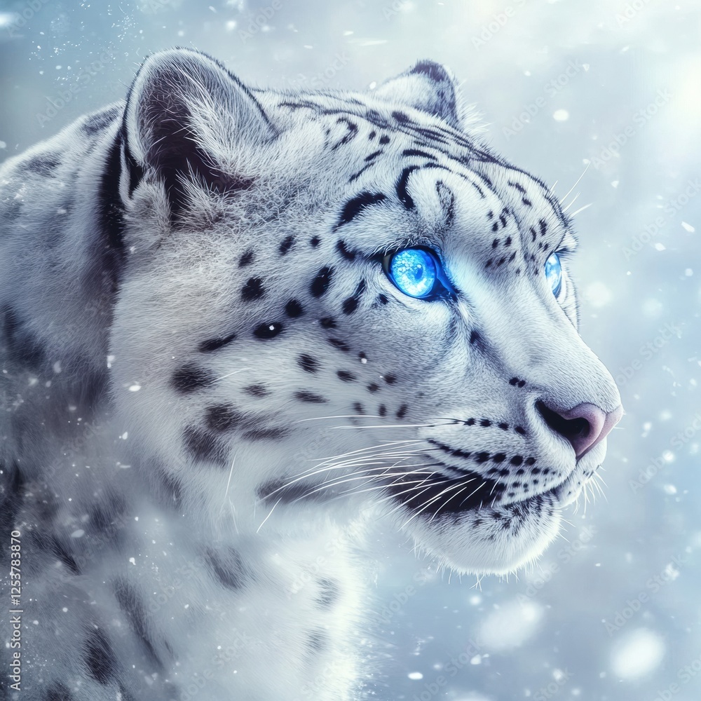 Poster snow leopard with striking blue eyes gazes thoughtfully in a winter landscape adorned with falling s
