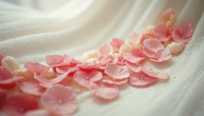 Pink flower petals on wedding fabric in soft style, romantic details, copy space