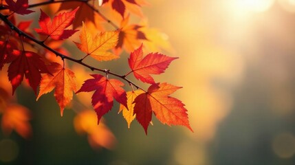Fototapeta premium Autumnal Branch with Vibrant Red and Orange Leaves Illuminated by Warm Sunlight