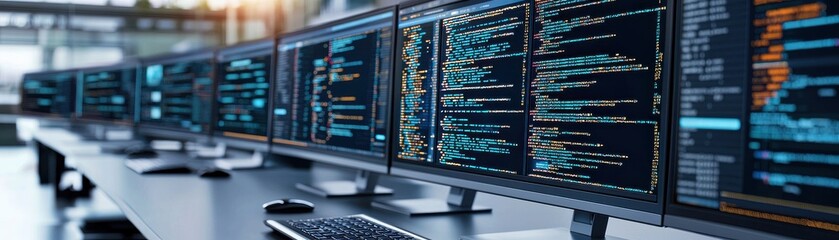 High-tech workspace with multiple monitors displaying vibrant code, showcasing a modern programming and development environment.