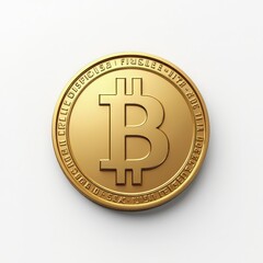Close-Up of a Detailed Bitcoin Coin in Shimmering Gold Finish on a White Background, Ideal for Representing Cryptocurrency Themes, Digital Investment, and Modern Finance Concepts