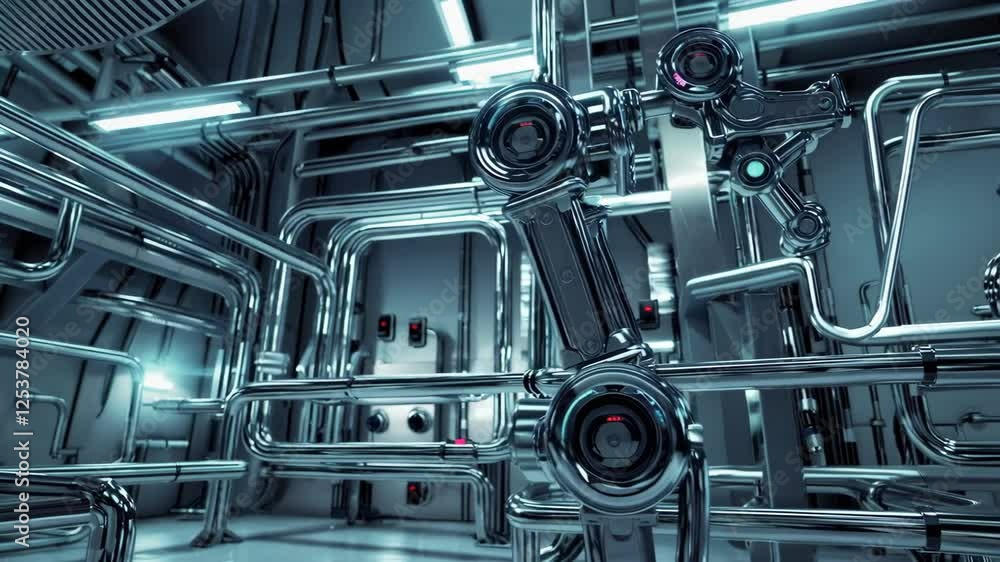 Poster robotic arm performing precise tasks in an advanced refinery facility