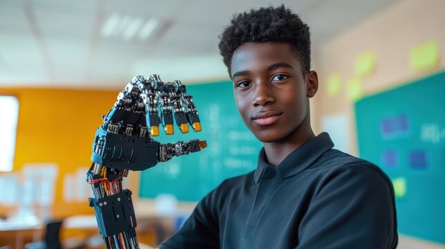 Teenage boy presents a robotic arm model in a well-lit classroom environment