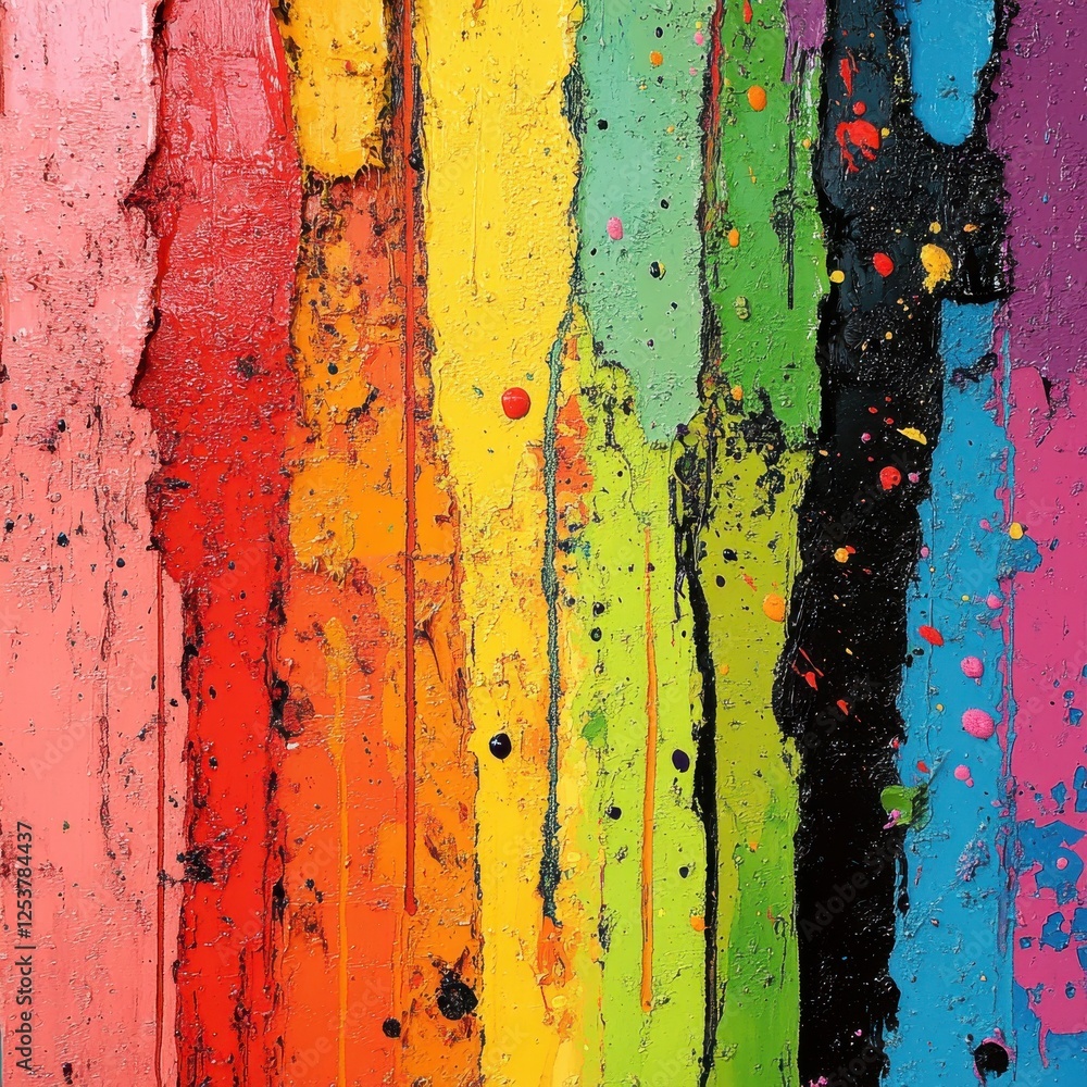 Poster vibrant and colorful abstract textured background with striking vertical stripes of paint in rainbow