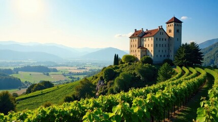 Picturesque Hilltop Castle Estate with Vineyard and Distant Mountain Range