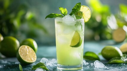 Fototapeta premium A glass of green limeade with ice cubes and a lime wedge on top. The limeade is served in a tall glass and is garnished with a lime wedge. The image conveys a refreshing