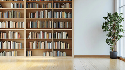 wooden bookshelf with multiple compartments on white background , bookcase