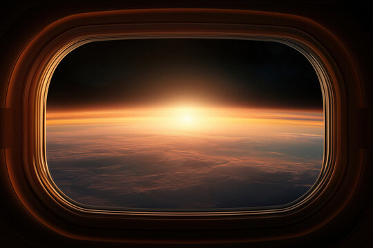 Stunning sunrise view from a spacecraft window showcasing Earth in the background