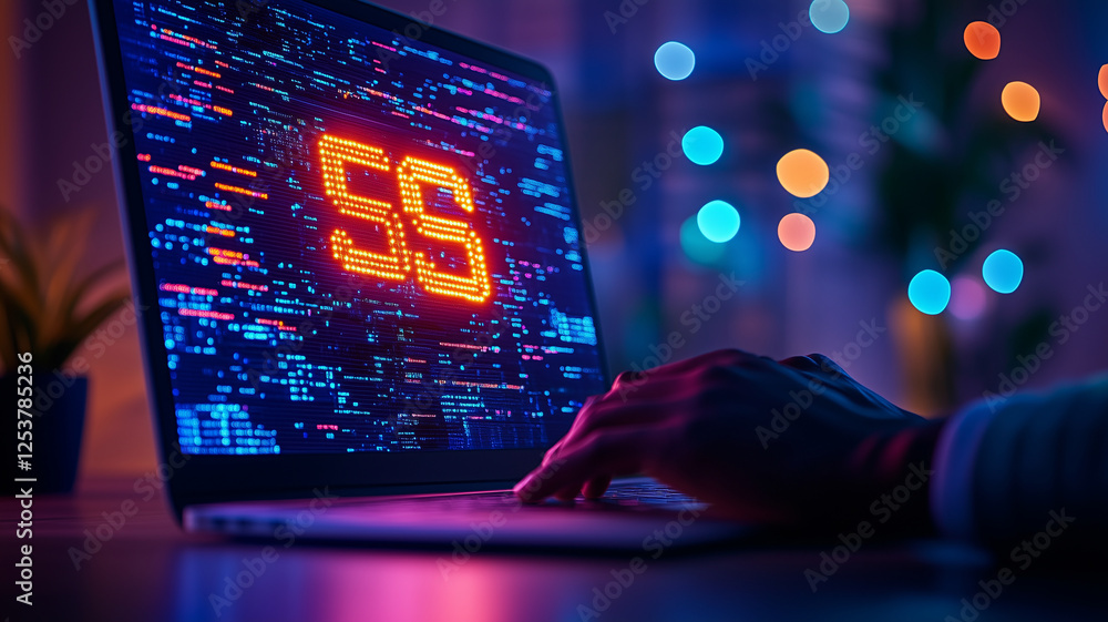 Poster person typing on laptop with digital display showing score, surrounded by colorful lights. scene con