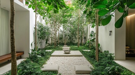 Naklejka premium Serene Indoor Garden Oasis: A Tranquil Escape in Modern Architecture