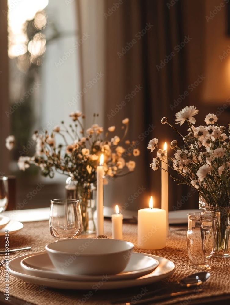 Poster elegant festive dining table adorned with glowing candles and fresh flowers, creating a warm atmosph