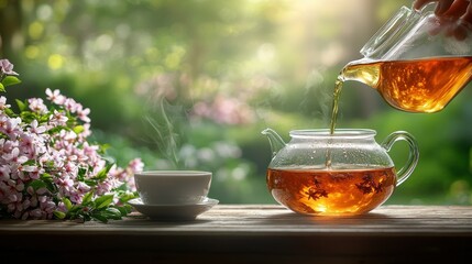 Fototapeta premium Pouring tea outdoors, garden background, relaxation