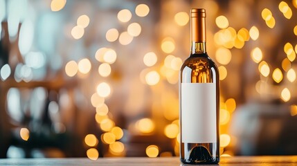 White wine bottle with blank label on bar counter with warm lights
