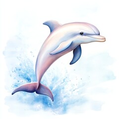 Fototapeta premium A playful dolphin leaps gracefully from the water, surrounded by splashes, showcasing its sleek form and joyful spirit.