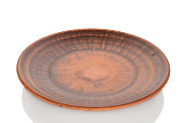 One clay plate, close-up, isolated on a white background.