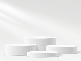 Circle podium and window light blur on white wall, column platform pillar, pedestal stand stage, round empty stages and podium stairs 3d template for product presentation