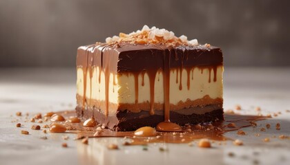 A piece of milk chocolate smothered in a rich caramel layer with crunchy sea salt on top, crunchy texture, treat, creamy