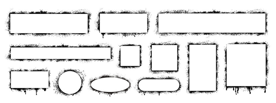 Grunge border frame set, grunge rectangles and circles shapes with spray of splashes and streaks of paint