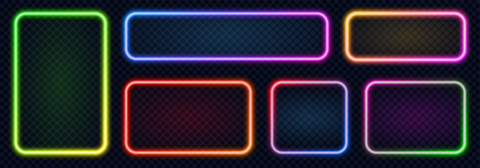 Neon rectangle with rounded edges, set colorful glowing illuminate frame, glowing neon light borders, retro led neon lamp tube on dark background - vector