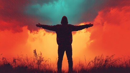 Silhouette of a Person Embracing the Colorful Sky at Sunset