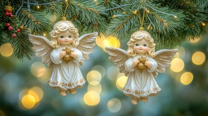 Delicate Ceramic Angel Ornaments Hanging on a Christmas Tree with Warm Glowing Lights in Background