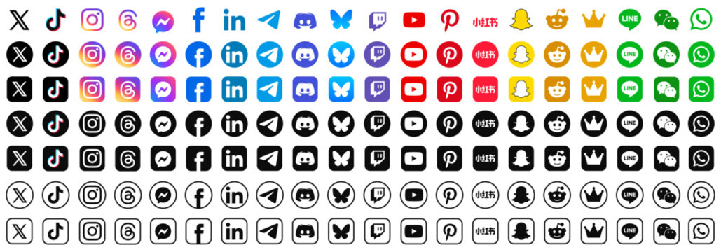 Facebook, Instagram, X, Rednote, Youtube, Threads, Snapchat, Pinterest, Whatsapp, Reddit, Messenger, Telegram, WeChat, Linkedin, Tiktok and more. Set of contact social media logos