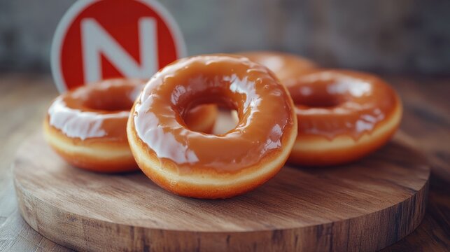 fast food, low carb diet, fattening and unhealthy eating concept - close up of glazed donuts on wooden board behind no symbol or circle-backslash prohibition sign