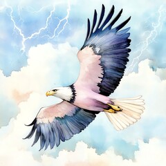 Obraz premium A majestic eagle soars through a stormy sky, showcasing vibrant feathers and powerful wings against a backdrop of clouds and lightning.