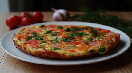 Delicious Homemade Vegetable Omelet with Fresh Tomatoes and Herbs on a Wooden Table