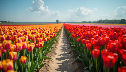 Colorful tulip fields with vibrant red and yellow rows under a blue sky