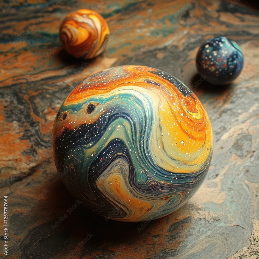 Poster abstract colorful orb textures on a multicolored surface, artistic design featuring vibrant swirls a