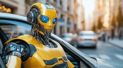 Futuristic Robot Character Sitting in an Automobile on a Busy Urban Street During Daytime