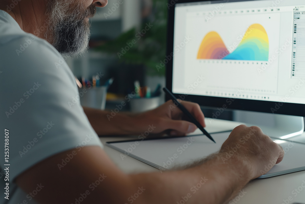 Poster man creating digital designs using a tablet and computer in a modern workspace