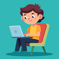 a boy is using his laptop vector