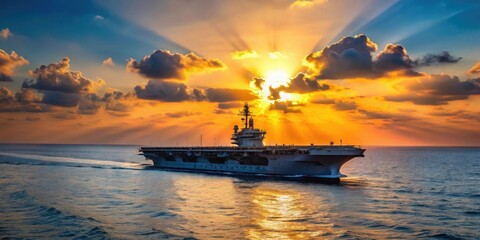Naklejka premium A Navy aircraft carrier standing proudly in the middle of a calm ocean with a bright sun setting behind it, marina, military aircraft, ship in harbor, flight deck