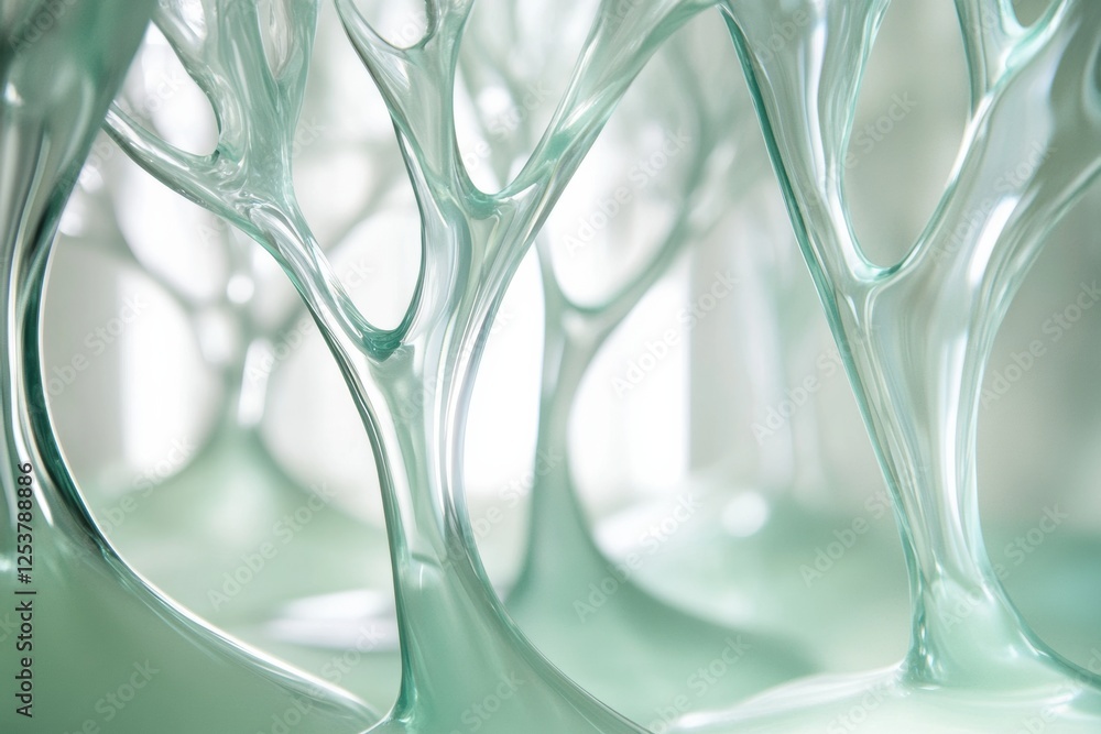 Fototapete Exploration of a glass forest showcasing abstract tree shapes with glowing reflections in serene lighting. Generative AI