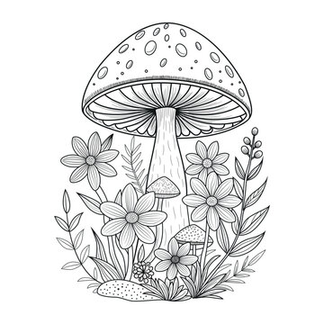 monochrome mushroom flowers garden scene clip art preview