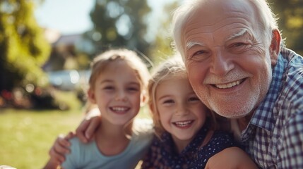 Two children and an older man smile together, capturing a joyful moment in a posed photograph, showcasing family bonds and togetherness.