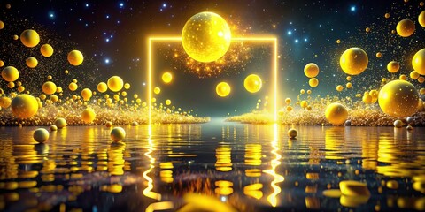 Abstract 3D render: glowing yellow orbs illuminate a square mockup, evoking a warm, summer night's ambiance.