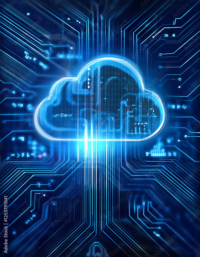 Poster a glowing blue cloud with data streams flowing from it, set against a backdrop of circuit boards and