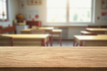Wooden top with blurred empty classroom background can be used for mocking up or display product to make advertising.
