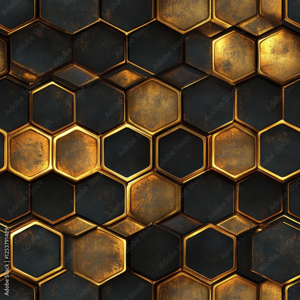 Poster gold hexagonal pattern texture with dark background and 3d depth ideal for design projects and elega