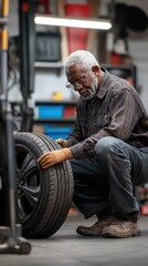 Obraz premium Elderly mechanic is focused on replacing a tire in a clean and professional garage environment