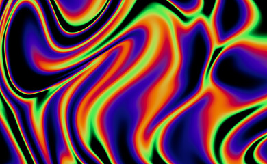 Liquid waves and optical distortions. Deep shades of purple and blue with neon green on a black background.