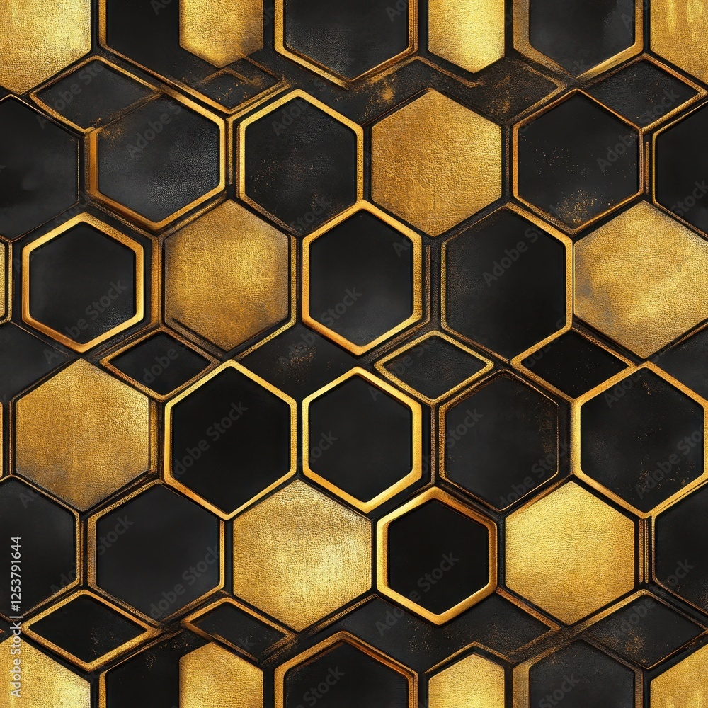 Poster hexagonal pattern with gold and black textures for elegant design, ideal for backgrounds in digital 
