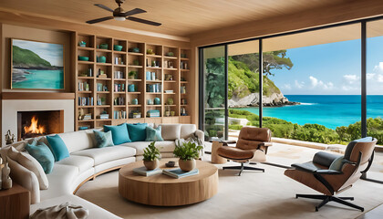 Fototapeta premium Luxury Beachfront Living Room with Panoramic Ocean Views 