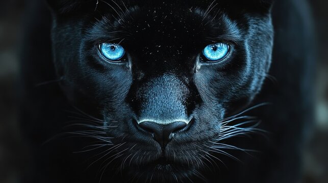 Close-up of a black panther's intense blue eyes.