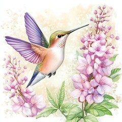 Obraz premium A vibrant hummingbird hovers near delicate pink flowers, showcasing nature's beauty and the intricate details of both the bird and blossoms.